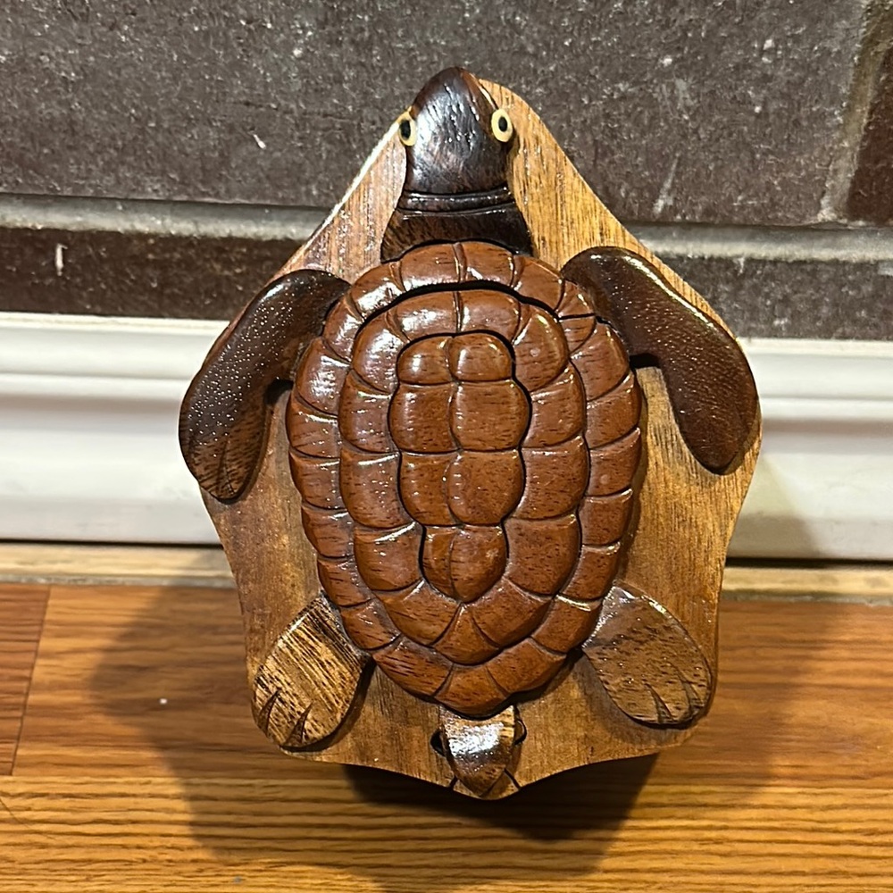 Brown Wooden Jewelry Organizer with Turtle Design